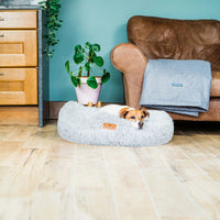 Dog lying on Baker & Bray calming donut dog bed light grey in home